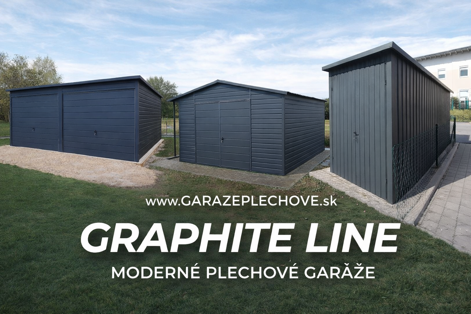 Dizajnová plechová garáž Graphite Line v grafitovej matnej farbe s elegantným širokým vodorovným profilom.