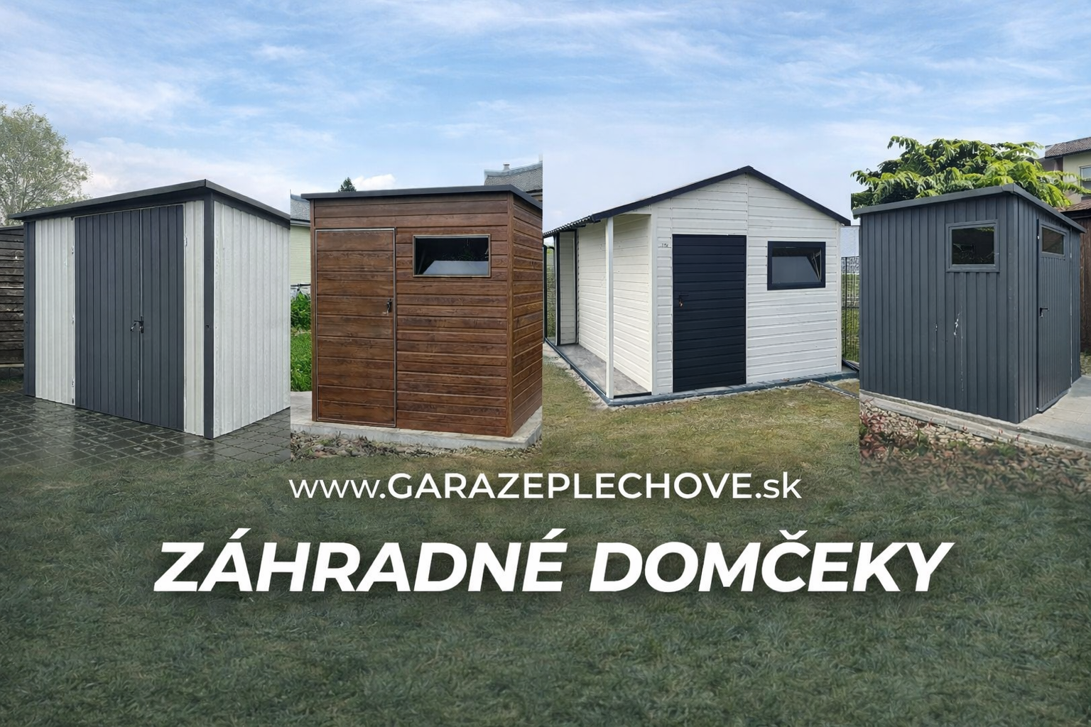 Praktický plechový záhradný domček na náradie v drevodekore so sedlovou strechou a uzamykateľnými dverami.